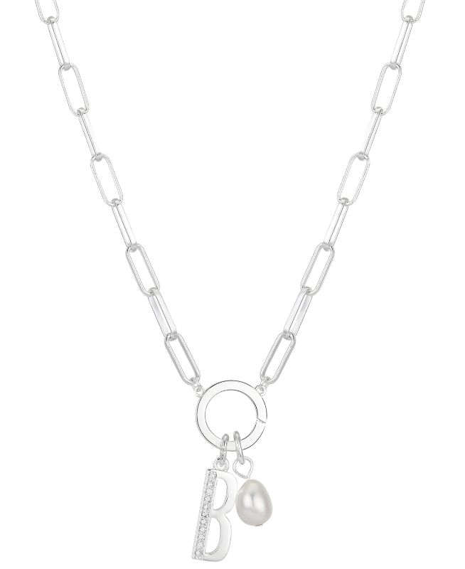 Photo 1 of Cubic Zirconia Initial & Freshwater Pearl 18" Pendant Necklace in Silver Plate