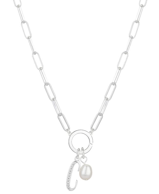 Photo 1 of Cubic Zirconia Initial & Freshwater Pearl 18" Pendant Necklace in Silver Plate 