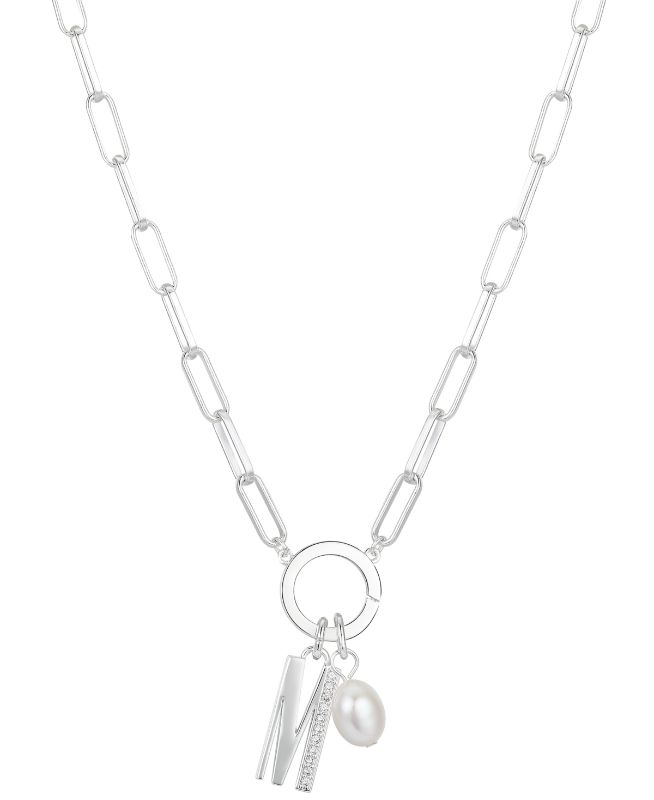 Photo 1 of Cubic Zirconia Initial & Freshwater Pearl 18" Pendant Necklace in Silver Plate - A trendy linked chain leads to a double charm pendant on this Unwritten necklace, featuring a freshwater pearl and a glittering initial. Freshwater pearl: 6mm - Set in fine s