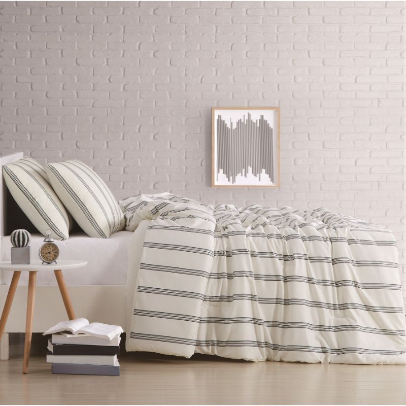 Photo 5 of SIZE KING / CAL KING - Truly Soft Millennial Stripe King 3-Piece Duvet Cover Set - This easy to coordinate three part stripe pattern runs form head to toe on the bed for an easy and timeless coordinate. The cloth uses a black print on a solid color base c