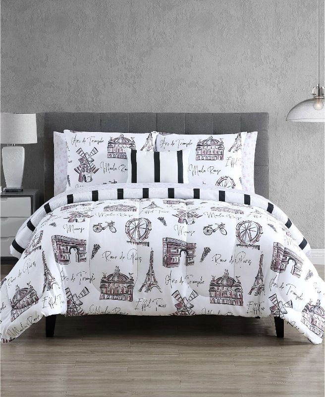 Photo 1 of Hallmart Collectibles Paris/Palcita 12 Pc Reversible Paris California King Comforter Set - Put a French twist on your bedroom's decor with the charming pattern of Parisian landmarks and sights printed on this Palcita comforter set. Plus, it includes two d