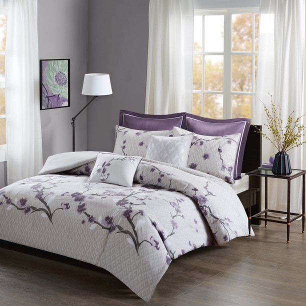 Photo 2 of Madison Park Isabella Cotton 7-pc. Floral Duvet Cover Set - The Home Essence Sakura 7 Piece Cotton Duvet Cover Set will add charm and elegance to your bedroom décor. A lovely floral pattern is beautifully printed on the grey duvet cover. Matching shams gr