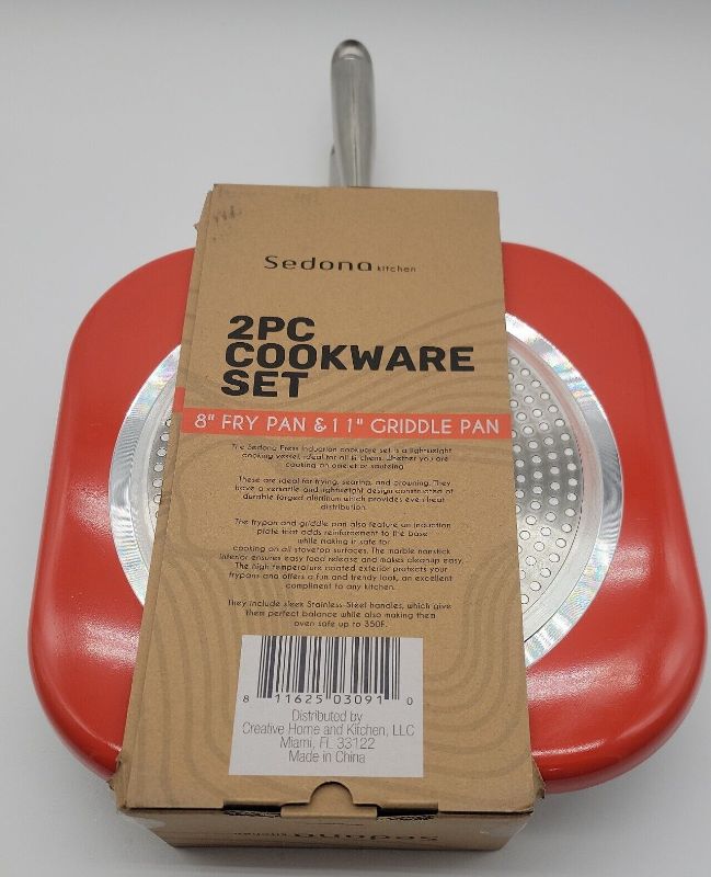 Photo 4 of Essential 2-pc. Stainless Still Kitchen Cookware Set in Red - Sear, brown, sauté or fry with this must-have set from Sedona, a frypan and square griddle with easy-clean nonstick coatings. - Includes 8" fry pan, 11" griddle pan - Nonstick coatings - Ergono