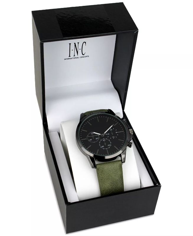 Photo 4 of INC International Concepts Men's Green Faux-Leather Strap Watch 42mm, Created for Macy's. - Complete your attire with rugged style. This INC International Concepts® timepiece features an imitation chronograph dial and green faux-leather strap. Movement: t