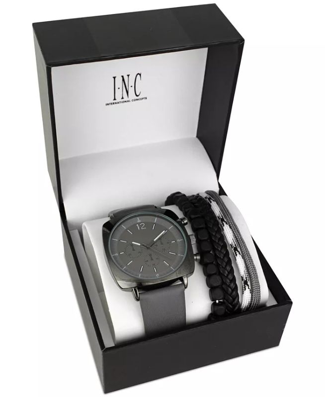 Photo 1 of Inc International Concepts Men's Gray Faux-Leather Strap Watch 45mm & 3-Pc. Bracelet Set, Created for Macy's. - A trio of bracelets join a striking timepiece in this handsome boxed set by INC International Concepts®. Movement: three-hand quartz - Case: sq