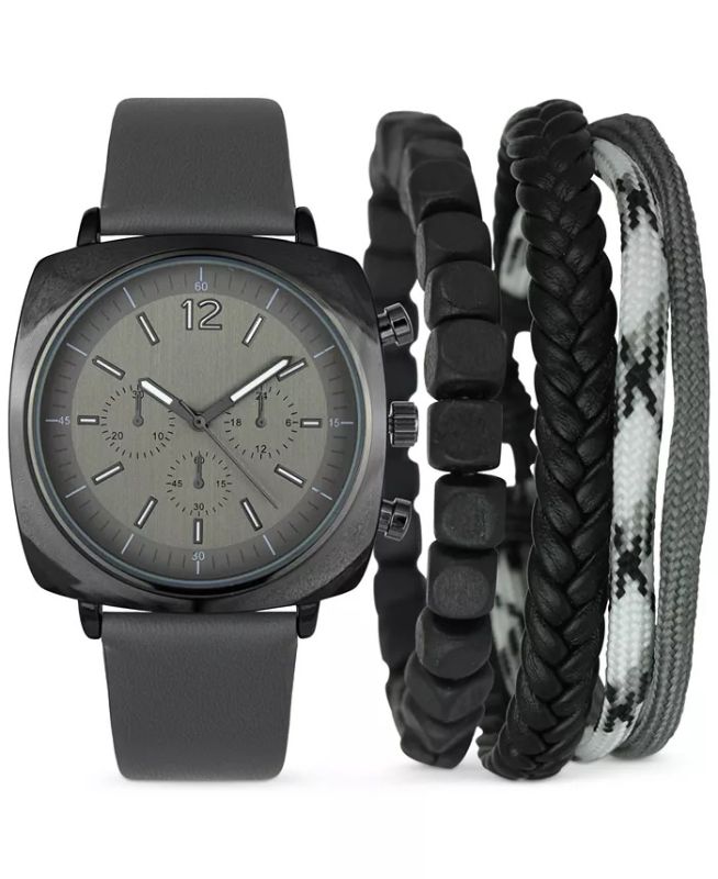 Photo 2 of Inc International Concepts Men's Gray Faux-Leather Strap Watch 45mm & 3-Pc. Bracelet Set, Created for Macy's. - A trio of bracelets join a striking timepiece in this handsome boxed set by INC International Concepts®. Movement: three-hand quartz - Case: sq