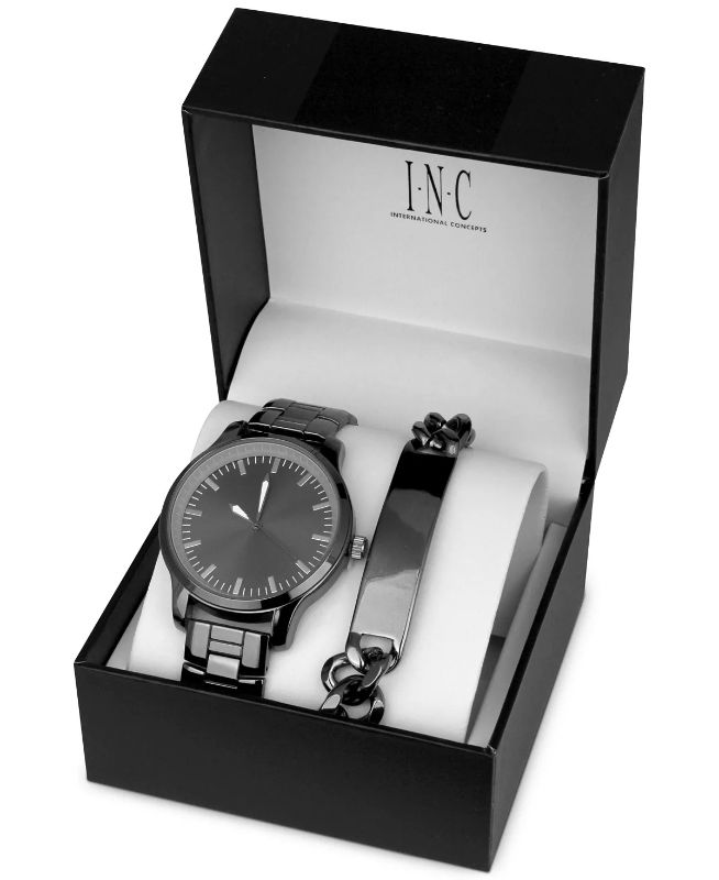 Photo 1 of INC International Concepts Men's Gunmetal-Tone Bracelet Watch 45mm Gift Set, Created for Macy's - Give him the gift of refined style with this quality watch and bracelet set from INC International Concepts®. - Movement: three-hand quartz - Case: round; 45