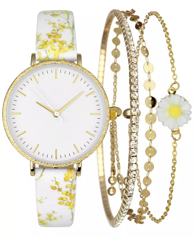 Photo 1 of INC International Concepts Women's Flower-Print Faux-Leather Strap Watch 36mm & 3-Pc. Bracelet Set, Created for Macy's - INC International Concepts® takes away the guesswork with this gorgeous boxed set filled with a floral-printed watch and three pretty 