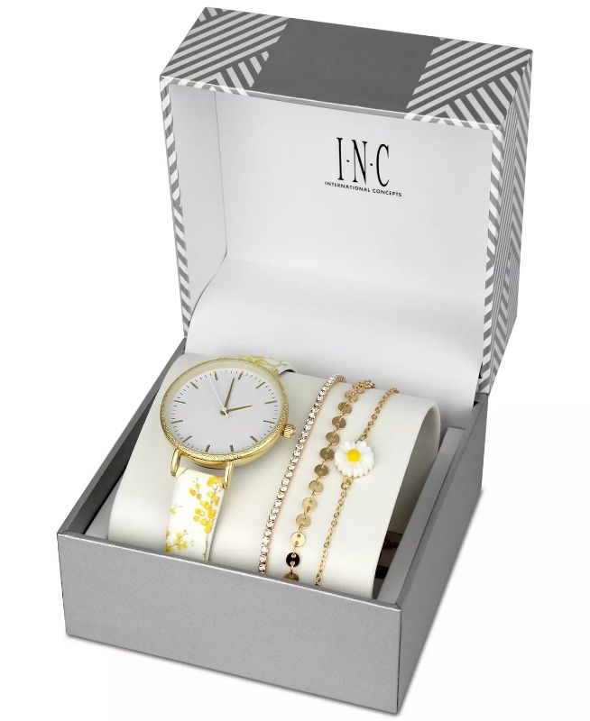 Photo 1 of INC International Concepts Women's Flower-Print Faux-Leather Strap Watch 36mm & 3-Pc. Bracelet Set, Created for Macy's - INC International Concepts® takes away the guesswork with this gorgeous boxed set filled with a floral-printed watch and three pretty 