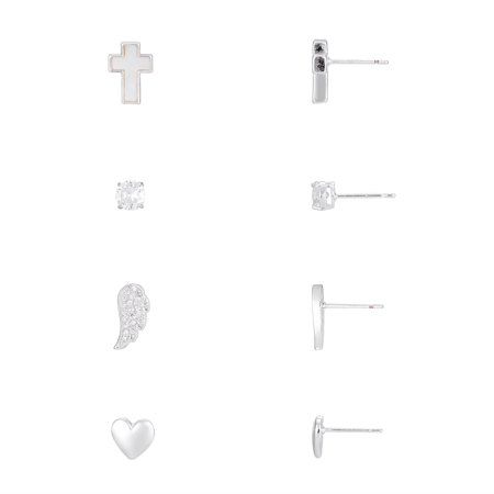 Photo 2 of Believe by Brilliance Fine Silver Plated Genuine Mother of Pearl Inlay Stone and Cubic Zirconia Cross, Angel Wing and Heart Post Earring Four Piece 