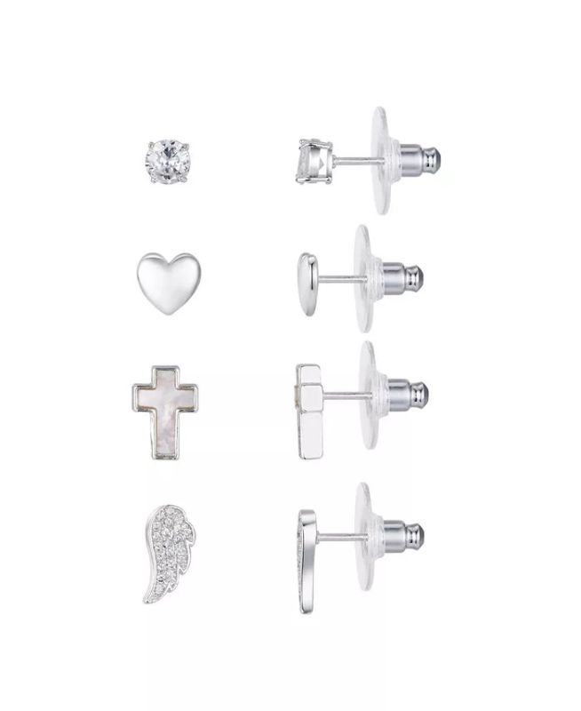 Photo 1 of Believe by Brilliance Fine Silver Plated Genuine Mother of Pearl Inlay Stone and Cubic Zirconia Cross, Angel Wing and Heart Post Earring Four Piece 