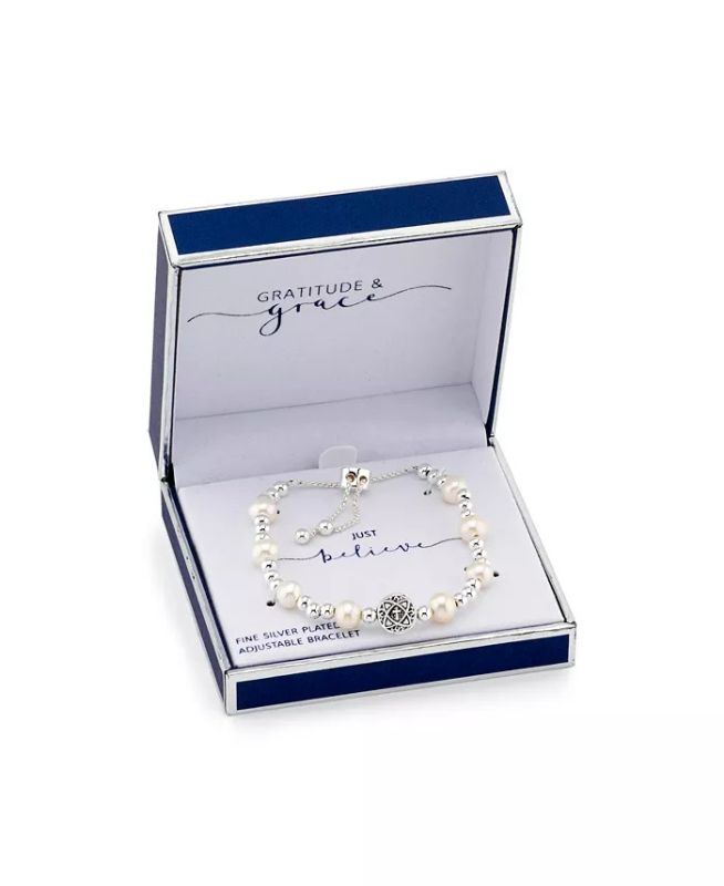 Photo 1 of UNWRITTEN Gratitude & Grace Cross and Pearl Bolo Bracelet - Rock this cross and pearl bead bolo bracelet from Gratitude & Grace.
Fine silver plated or gold tone - Approx. diameter 8" - Adjustable