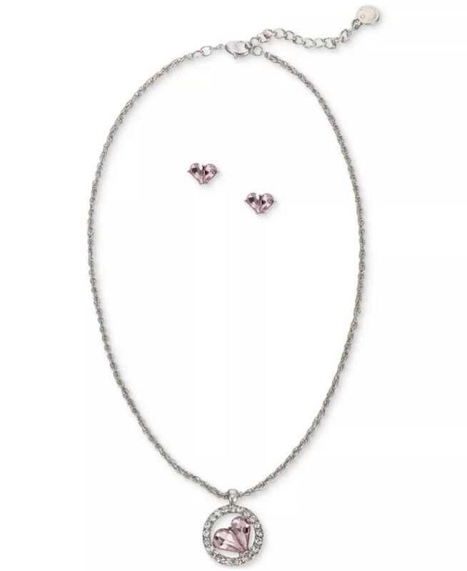 Photo 1 of Charter Club Silver-Tone Crystal Heart Halo Pendant Necklace & Stud Earrings Set - A heart-shaped halo motif is showcased on the stunning pendant of this necklace and stud earrings set from Charter Club. Set in silver-tone mixed metal; glass - Approx. nec