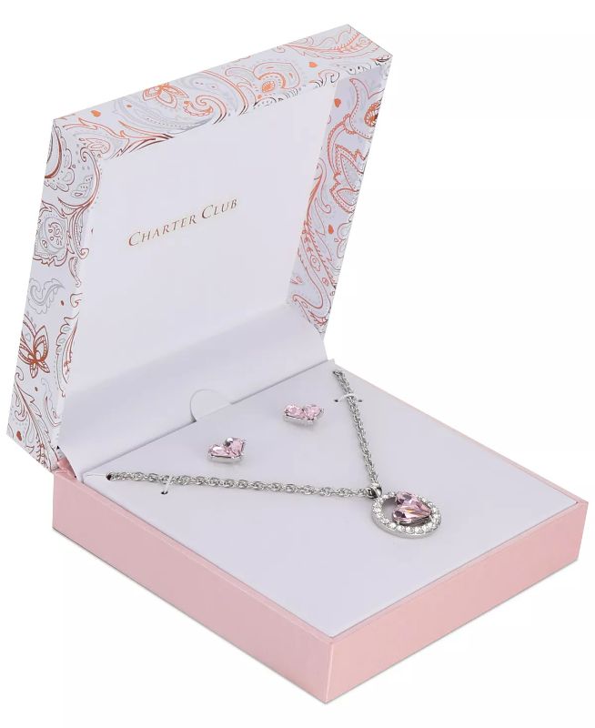 Photo 2 of Charter Club Silver-Tone Crystal Heart Halo Pendant Necklace & Stud Earrings Set - A heart-shaped halo motif is showcased on the stunning pendant of this necklace and stud earrings set from Charter Club. Set in silver-tone mixed metal; glass - Approx. nec