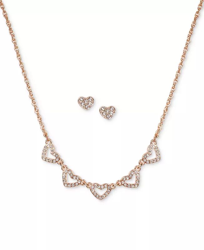 Photo 1 of Charter Club Rose Gold-Tone Pavé Heart Statement Necklace & Stud Earrings Set - Let your sweetie know you're thinking of her with this gorgeous sparkling heart necklace and earrings set from Charter Club. Set in rose gold-tone mixed metal; glass.