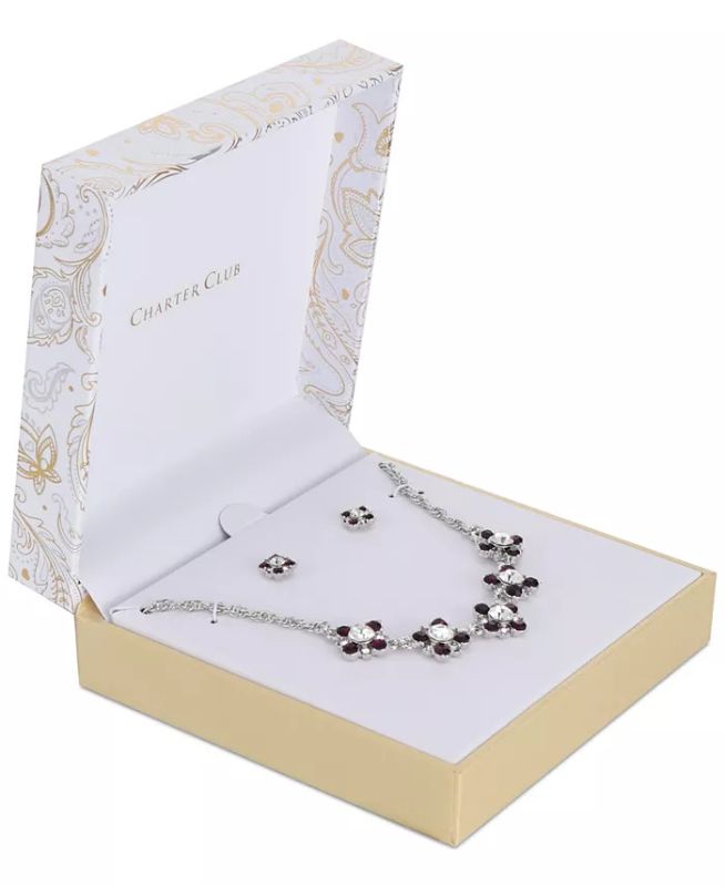 Photo 2 of Charter Club Silver-Tone Crystal Cluster Statement Necklace & Stud Earrings Set - Beautifully boxed and ready to gift, this fashionable set by Charter Club includes both a statement necklace and stud earrings. Set in silver-tone mixed metal; glass