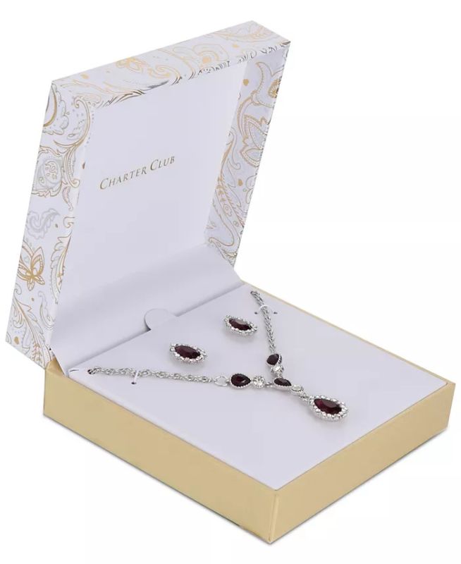 Photo 2 of Charter Club Silver-Tone Pear-Shape Crystal Halo Pendant Necklace & Stud Earrings Set - An elegant pear-shaped halo design is displayed throughout this already boxed Charter Club pendant necklace and stud earrings set. Set in silver-tone mixed metal; glas