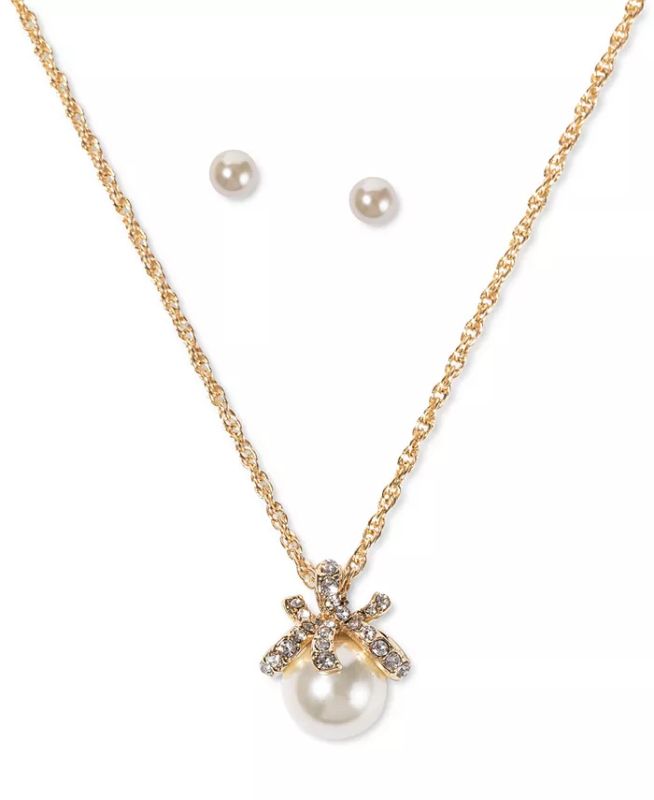 Photo 1 of Charter Club Gold-Tone Pavé & Imitation Pearl Pendant Necklace & Stud Earrings Set - Already boxed for easy gift giving, this Charter Club set includes a pretty pavé and imitation pearl pendant necklace with stud earrings. Set in gold-tone mixed metal; gl