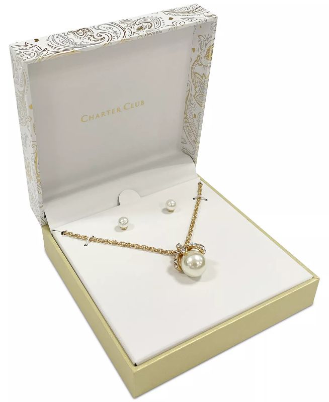 Photo 2 of Charter Club Gold-Tone Pavé & Imitation Pearl Pendant Necklace & Stud Earrings Set - Already boxed for easy gift giving, this Charter Club set includes a pretty pavé and imitation pearl pendant necklace with stud earrings. Set in gold-tone mixed metal; gl