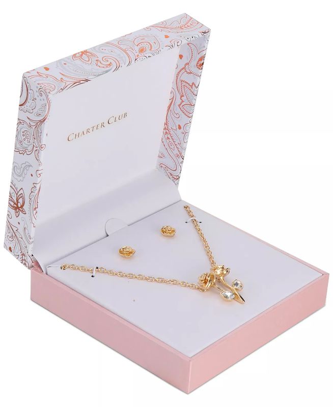 Photo 2 of Charter Club Gold-Tone Crystal Rose Pendant Necklace & Stud Earrings Set - Charter Club offers your look some sweetness with the pretty roses featured in this fabulous set. Set in gold-tone mixed metal; glass - Approx. necklace length: 17" + 2" extender; 