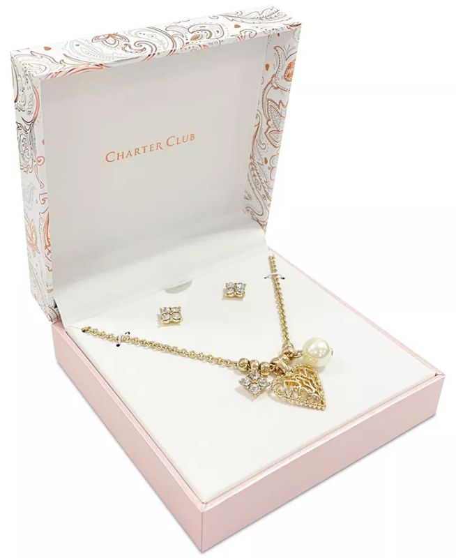 Photo 2 of Charter Club Gold-Tone 2-Pc. Set Crystal Earrings & Heart Pendant Necklace, 17" + 2" extender. This darling earring and necklace set makes the perfect pair with sparkling crystals, imitation pearls, and a heart pendant. From Charter Club.