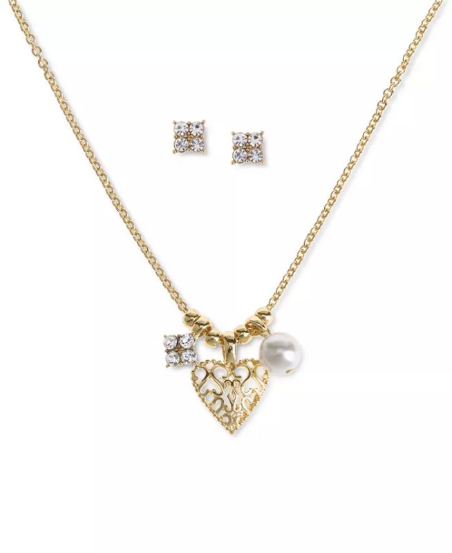 Photo 1 of Charter Club Gold-Tone 2-Pc. Set Crystal Earrings & Heart Pendant Necklace, 17" + 2" extender. This darling earring and necklace set makes the perfect pair with sparkling crystals, imitation pearls, and a heart pendant. From Charter Club.