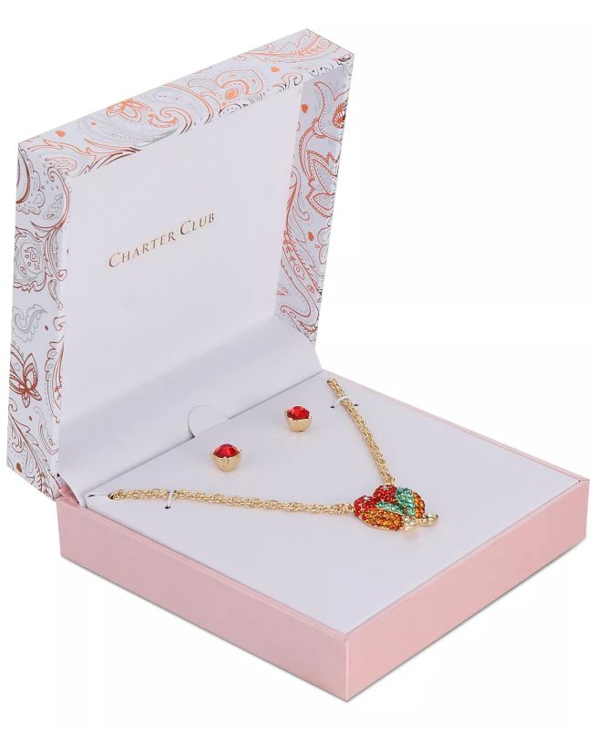 Photo 2 of Charter Club Gold-Tone Crystal Love Bird Pendant Necklace & Stud Earrings Set. A pair of lovebirds share a peck on the pendant of this necklace and earrings set. Offered in a gift box by Charter Club. Set in gold-tone mixed metal; glass. Approx. necklace 