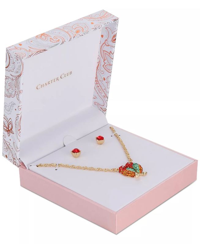 Photo 1 of Charter Club Gold-Tone Crystal Love Bird Pendant Necklace & Stud Earrings Set. A pair of lovebirds share a peck on the pendant of this necklace and earrings set. Offered in a gift box by Charter Club. Set in gold-tone mixed metal; glass. Approx. necklace 