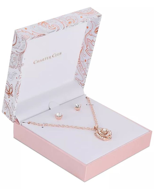 Photo 2 of Charter Club Rose Gold-Tone Crystal Rose Pendant Necklace & Stud Earrings Set. An exquisite rose motif is featured on this gorgeous boxed pendant necklace and stud earrings set by Charter Club. Set in rose gold-tone mixed metal; crystal. Approx. necklace 