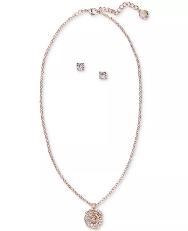 Photo 1 of Charter Club Rose Gold-Tone Crystal Rose Pendant Necklace & Stud Earrings Set. An exquisite rose motif is featured on this gorgeous boxed pendant necklace and stud earrings set by Charter Club. Set in rose gold-tone mixed metal; crystal. Approx. necklace 