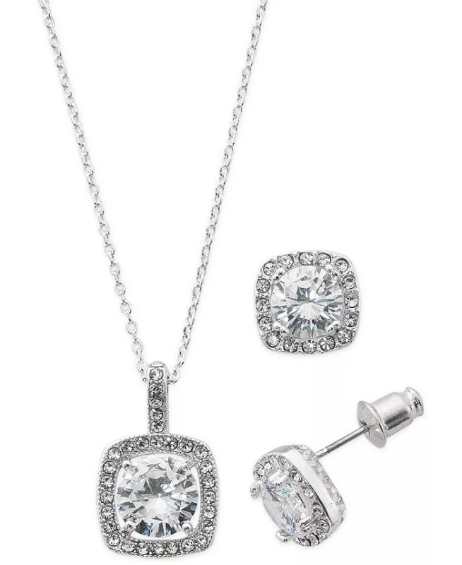 Photo 1 of Silver Plate Cubic Zirconia Necklace and Stud Earring Set, 18" + 3" extender. Indulge in the luxurious sparkle of this cubic zirconia halo jewelry set, featuring a beautiful pendant necklace and matching stud earrings. Set in a fine silver plate or 14k go