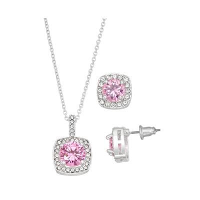 Photo 1 of Silver Plate Cubic Zirconia Necklace and Stud Earring Set, 18" + 3" extender. Indulge in the luxurious sparkle of this cubic zirconia halo jewelry set, featuring a beautiful pendant necklace and matching stud earrings. Set in a fine silver plate or 14k go