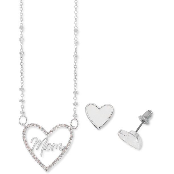 Photo 1 of Cubic Zirconia Mom Heart Pendant Necklace & Mother-of-Pearl Stud Earrings Set in Silver Plate