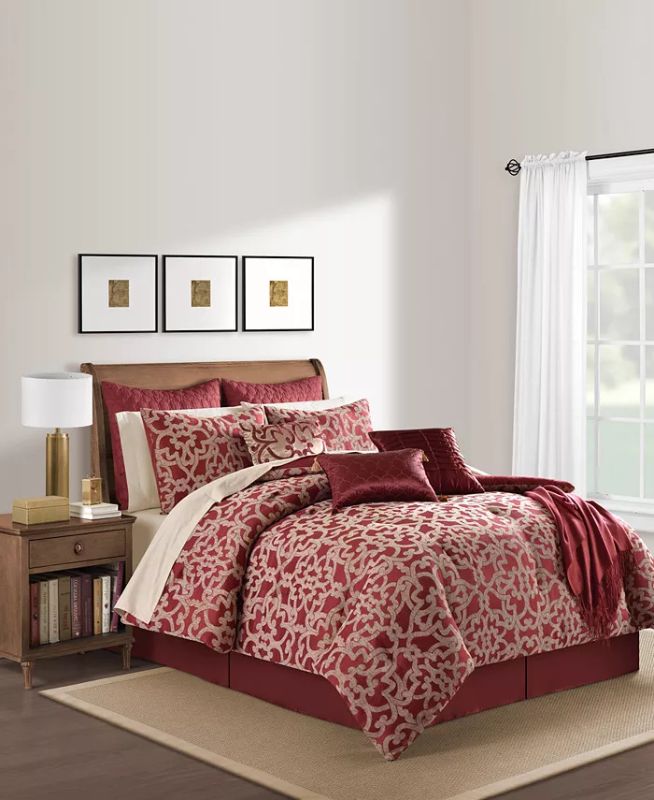 Photo 1 of Huntington 14-Piece Comforter Set. The Huntington comforter set features a traditional jacquard which makes it the perfect choice for upgrading your bedroom's décor. Traditional Jacquard Comforter - Set includes: queen comforter 90"x90", standard sham 20"