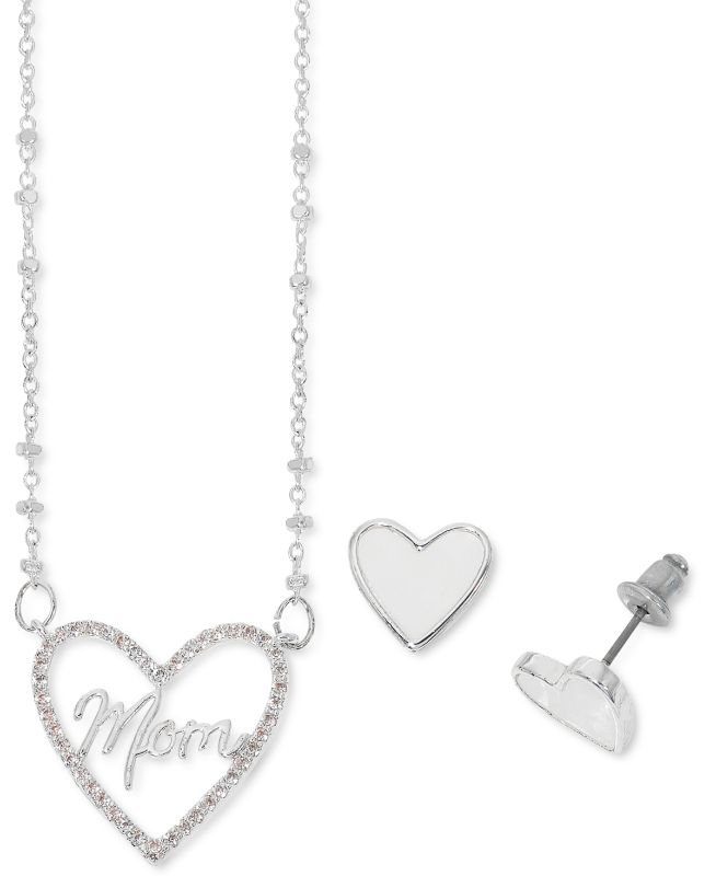 Photo 1 of Cubic Zirconia Mom Heart Pendant Necklace & Mother-of-Pearl Stud Earrings Set in Silver Plate