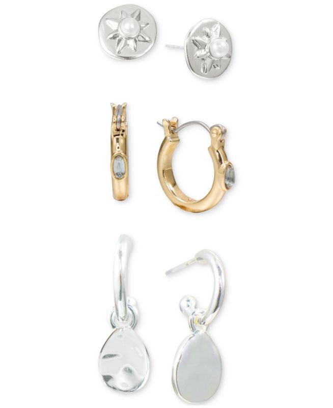 Photo 1 of Style & Co Two-Tone 3-Pc. Set Imitation Pearl & Stone Stud & Hoop Earrings, Created for Macy's