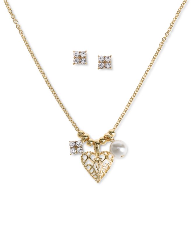 Photo 1 of Charter Club Gold-Tone 2-Pc. Set Crystal Earrings & Heart Pendant Necklace, 17" + 2" extender, Created for Macy's