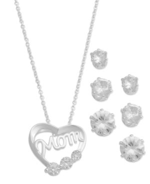 Photo 1 of Silver Plated Cubic Zirconia Sapphire Mom Heart Pendant and Three Piece Earring Set