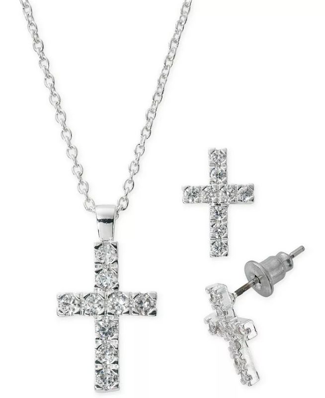 Photo 1 of Silver Plate Cubic Zirconia Cross Necklace and Stud Earring Set, 18" + 3" extender