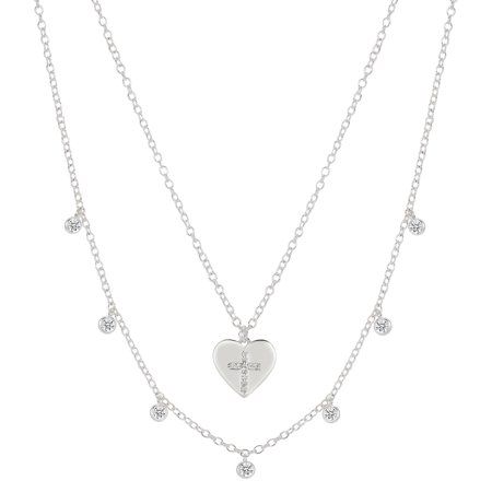 Photo 1 of Fine Silver Plated Crystal Coin Cross and Heart Charm Layered Pendant Necklaces 16 & 18 +2 Extender