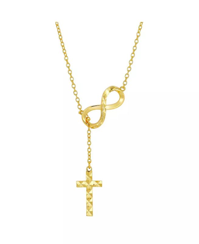 Photo 1 of Gratitude Grace Gold Flash Plated Diamond Cut Cross Infinity Lariat Necklace. Show faith and style with this diamond cut cross and infinity lariat necklace from Gratitude Grace. Gold Flash Plated - Approx. length: 24", adjustable - Spring Ring