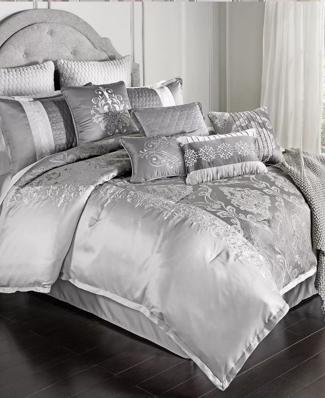 Photo 4 of Queen Size Riverbrook Home Elegant Collection Comforter 5 PIECE Set, Queen, Kacee - Platinum, 1 Queen Comforter - 2 Shams - 1 Throw and 1 Decorative Pillow. Experience serene luxury in your bed space with the addition of the Kacee Comforter Set. A stunnin