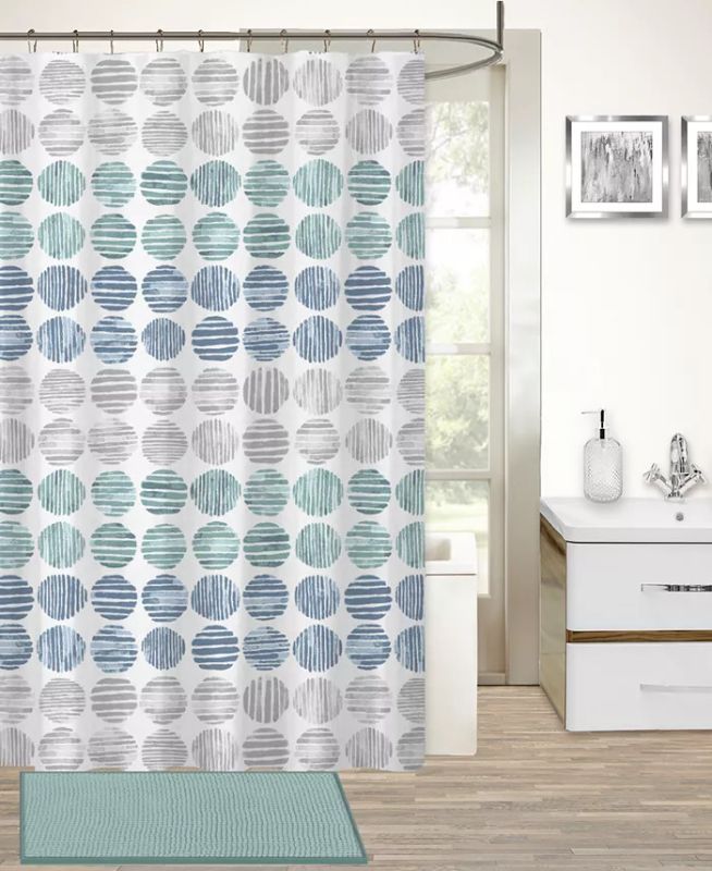 Photo 1 of PURE BATH 17-Pc. Stripe Circle Bath Set - Give any bathroom a fresh modern feel with this contemporary bath set from Pure Bath, including a striped circle-print shower curtain with roller hooks, a plush popcorn noodle bath rug and a collection of ceramic 