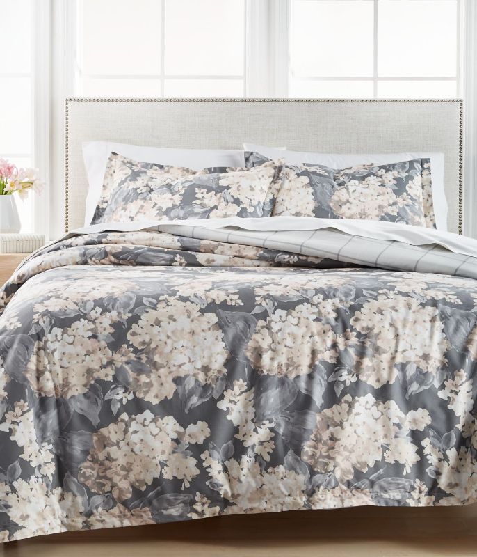 Photo 1 of Martha Stewart Collection Painterly Floral Full/Queen 3Pc Quilt Set. A lovely painterly floral bedding option combine both artistic hand and floral motif. A gray ground with blush accented flowers is a classic color combination on our fresh percale qualit