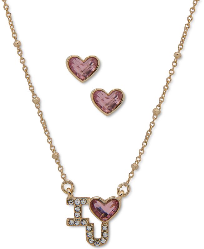 Photo 1 of Anne Klein Gold-Tone 2-Pc. Set Crystal Heart Stud Earrings & Pendant Necklace, 16" + 3" extender