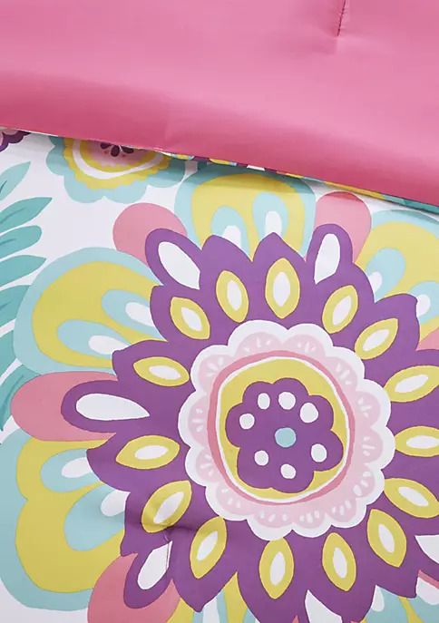 Photo 4 of FULL / QUEEN - Mi Zone Camille Floral Comforter Set - Pink. Brighten your bedroom with the fun flair of the Mi Zone Camille 3-Piece Floral Comforter Set. The comforter features vibrant medallion flowers printed in bright pink, purple, yellow, and green hu