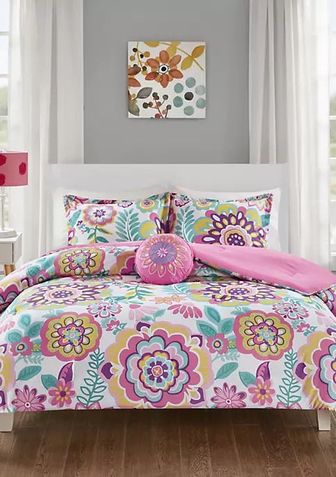 Photo 1 of FULL / QUEEN - Mi Zone Camille Floral Comforter Set - Pink. Brighten your bedroom with the fun flair of the Mi Zone Camille 3-Piece Floral Comforter Set. The comforter features vibrant medallion flowers printed in bright pink, purple, yellow, and green hu