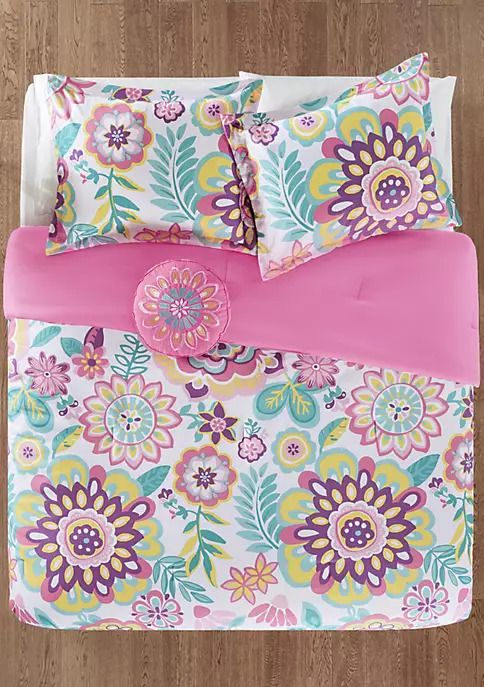 Photo 3 of FULL / QUEEN - Mi Zone Camille Floral Comforter Set - Pink. Brighten your bedroom with the fun flair of the Mi Zone Camille 3-Piece Floral Comforter Set. The comforter features vibrant medallion flowers printed in bright pink, purple, yellow, and green hu