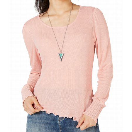 Photo 1 of Size Junior S - Top Light Salmon Small Ribbed Knit. Elevate your casual look with American Rag's rib-knit top, fashioned with lettuce edging and of-the-moment smocked ruffled cuffs.