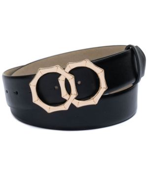 Photo 1 of Size Medium - INC Double-Circle Bamboo-Buckle Belt, Created for Macy's - Black. A double-bamboo-shaped buckle showcases chic styling on this panel belt from Inc International Concepts.